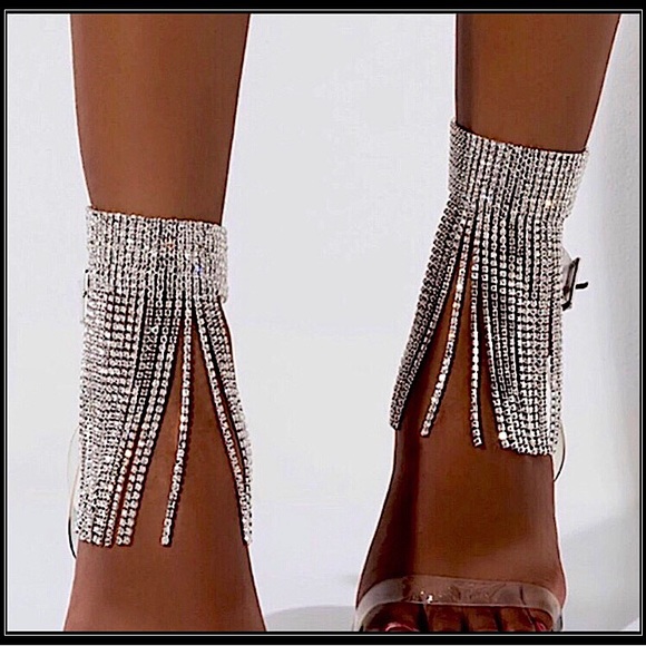 New silver simulated diamond tassel chains wrap around ankle bracelet anklet - Picture 1 of 8